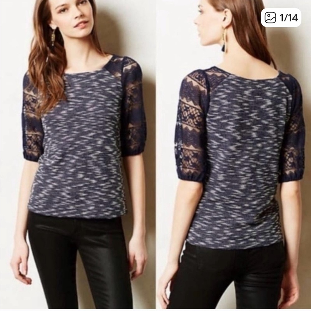 Anthropologie Navy Lace 3/4 Sleeve Blouse Parrell heathered size medium workwear